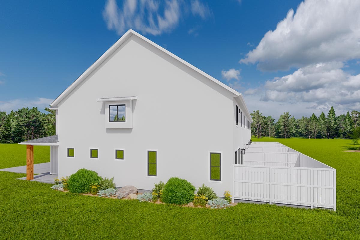 House plan exterior featuring a modern style, two stories, gable roof, and a covered entrance with wooden posts.