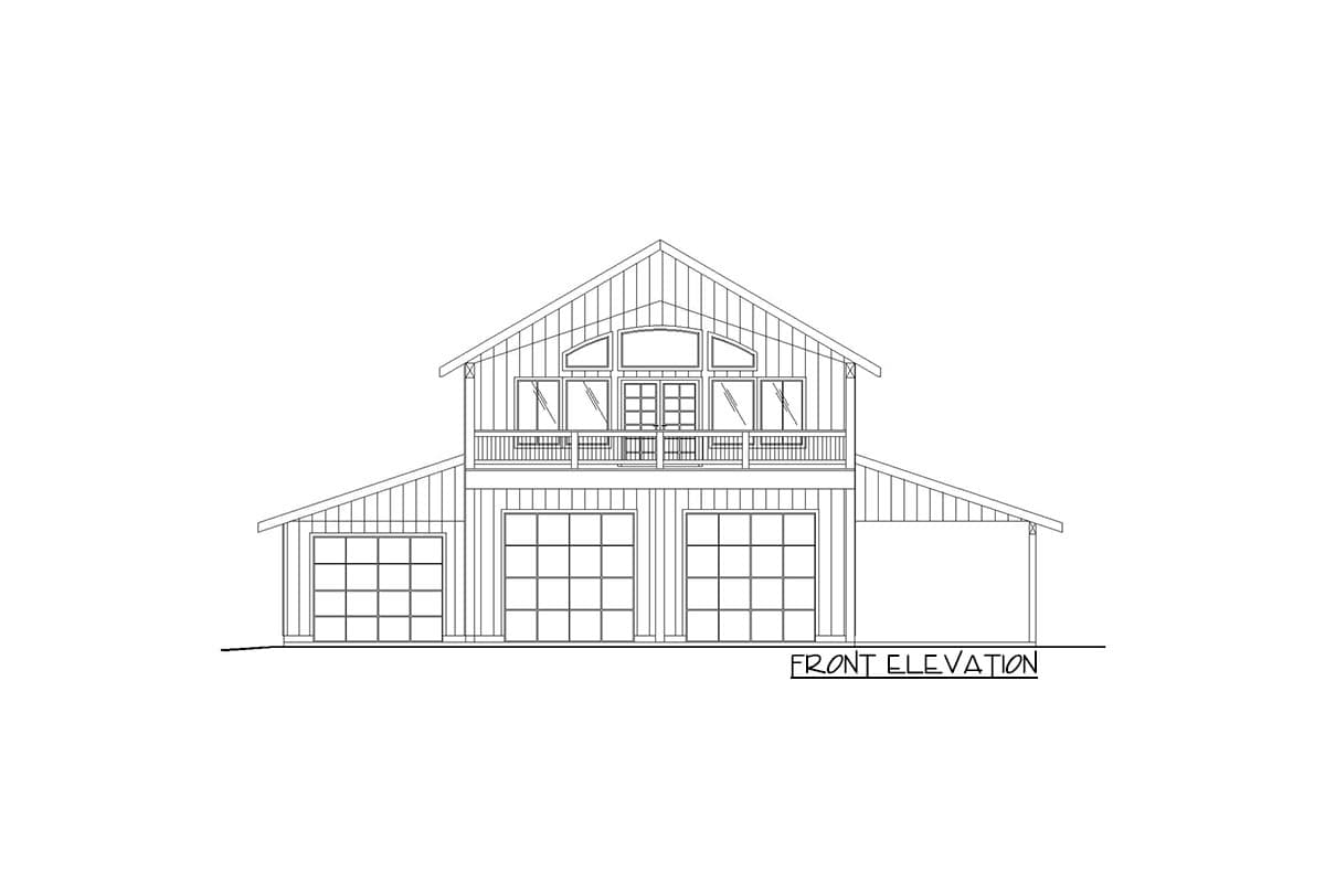 Front elevation drawing of a two-story house plan with a large gable, balcony, and three garage bays.