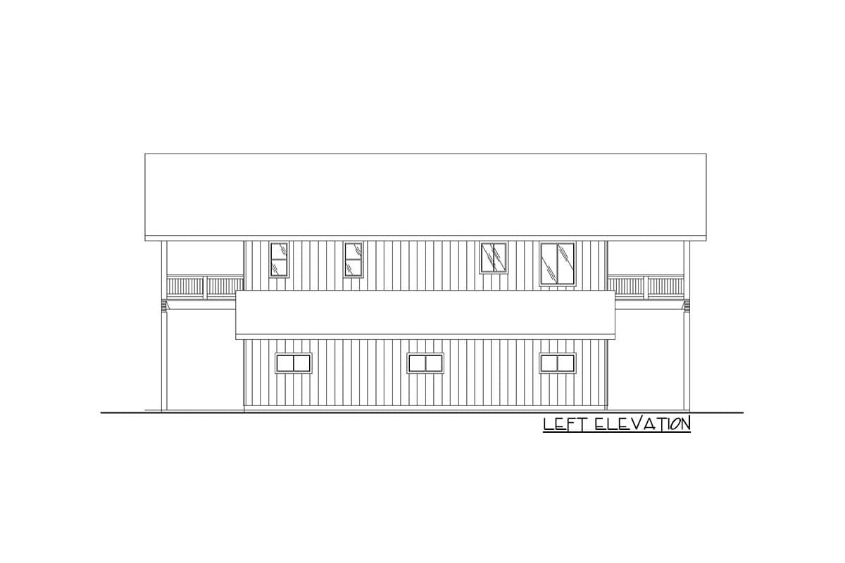 Left elevation drawing of a two-story house plan with windows and a porch.