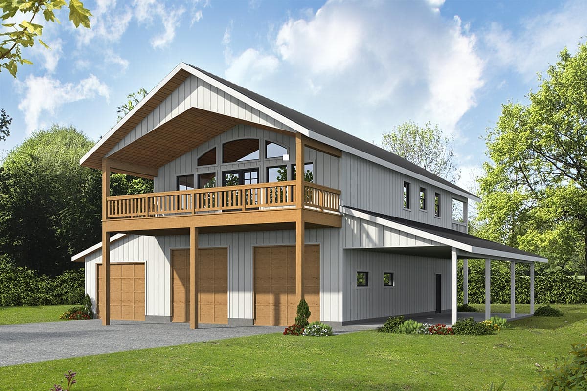 House plan exterior. Two-story with gabled roof, balcony, and covered porch. Features three-car garage and vertical siding.