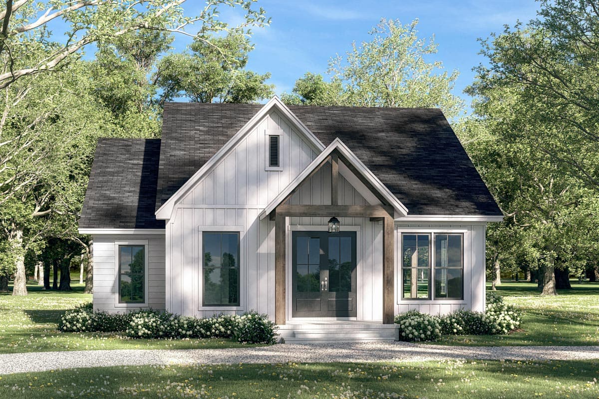 House plan exterior. One-story farmhouse with gabled roof, vertical siding, and a covered porch. Features include a centered front entry.