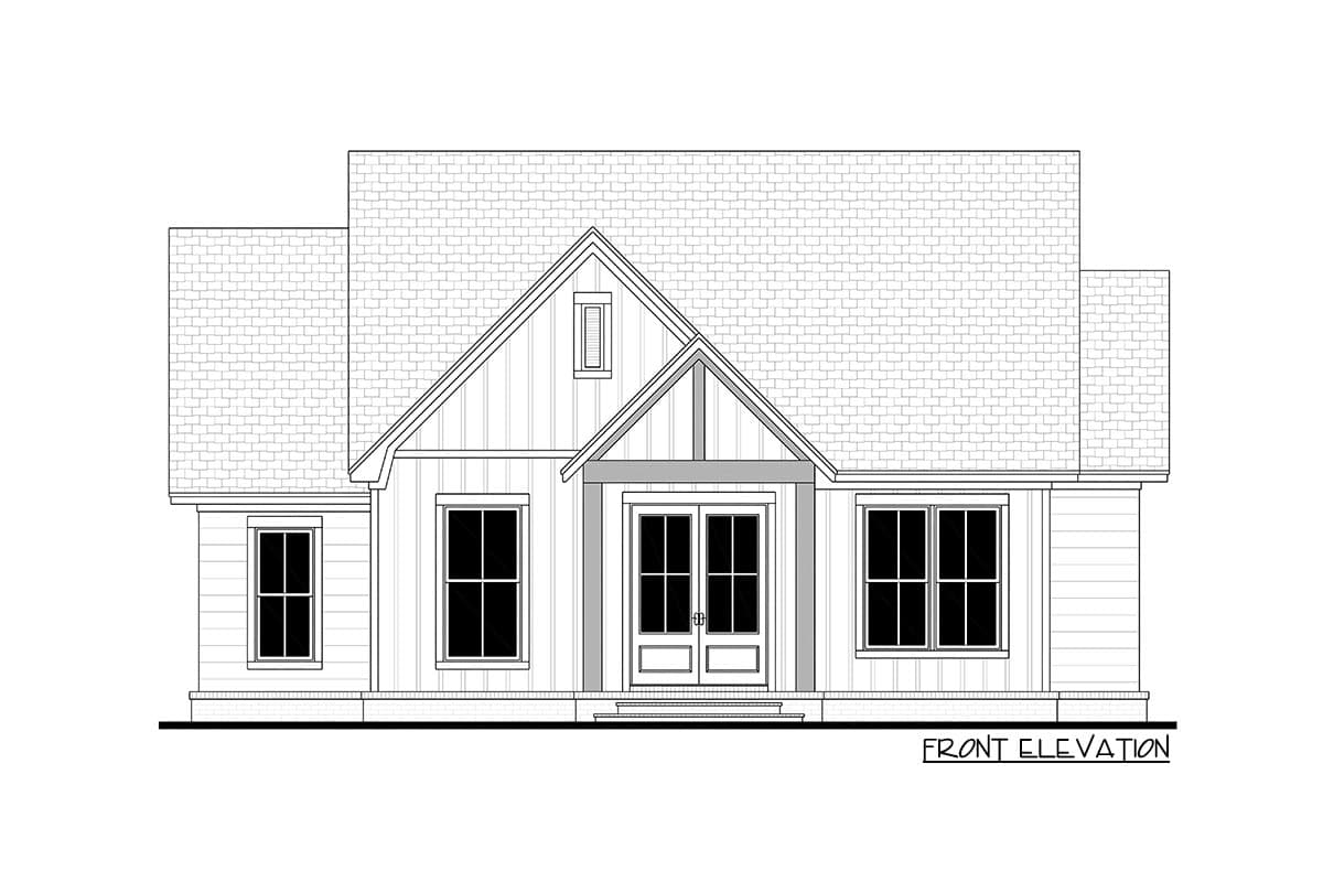 Front elevation house plan with a gabled roof, board and batten siding, a covered porch with double doors, and multiple windows.