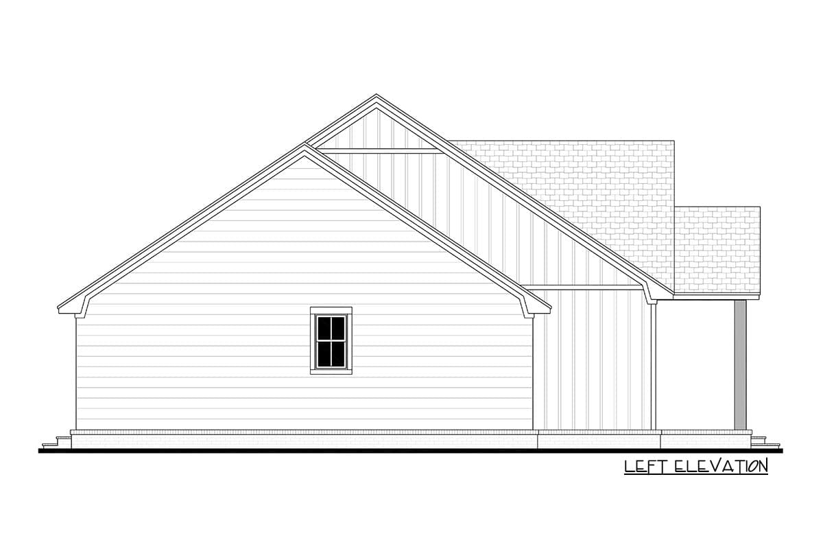 Left elevation drawing of a house plan featuring a gable roof, horizontal siding, and a covered porch.