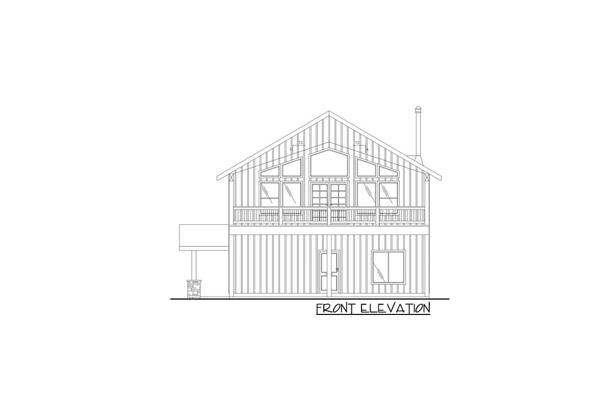 Front elevation drawing of a two-story house with a prominent gable, large upper-level windows, and a wrap-around deck.