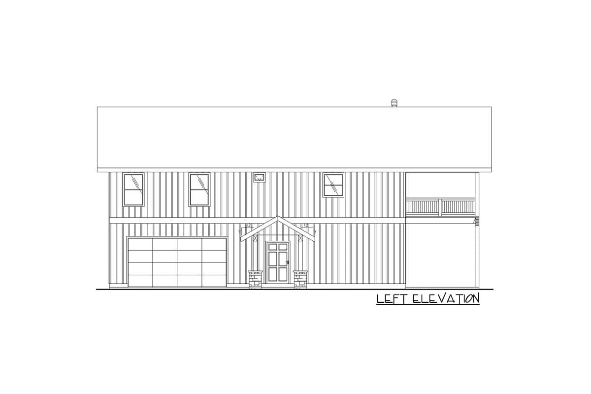Left elevation drawing of a two-story house plan with a two-car garage, central entry porch, and a side deck.