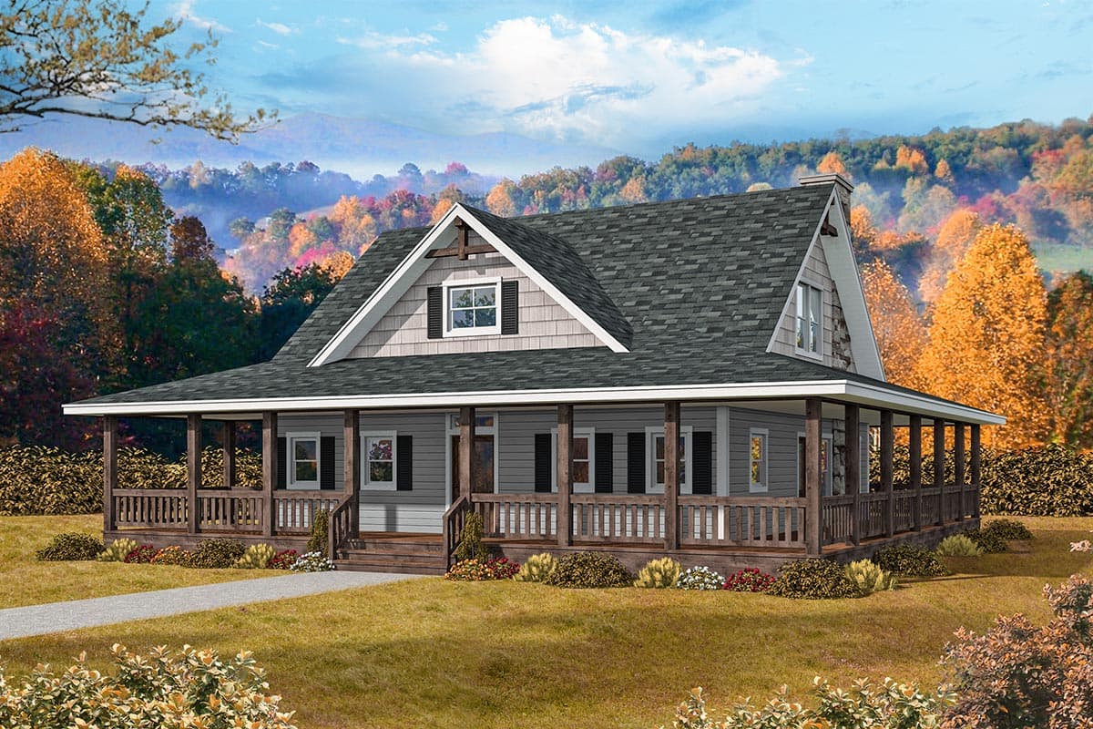 House plan exterior. Craftsman style, one-story house with a wraparound porch, gabled roof, and dormer windows.