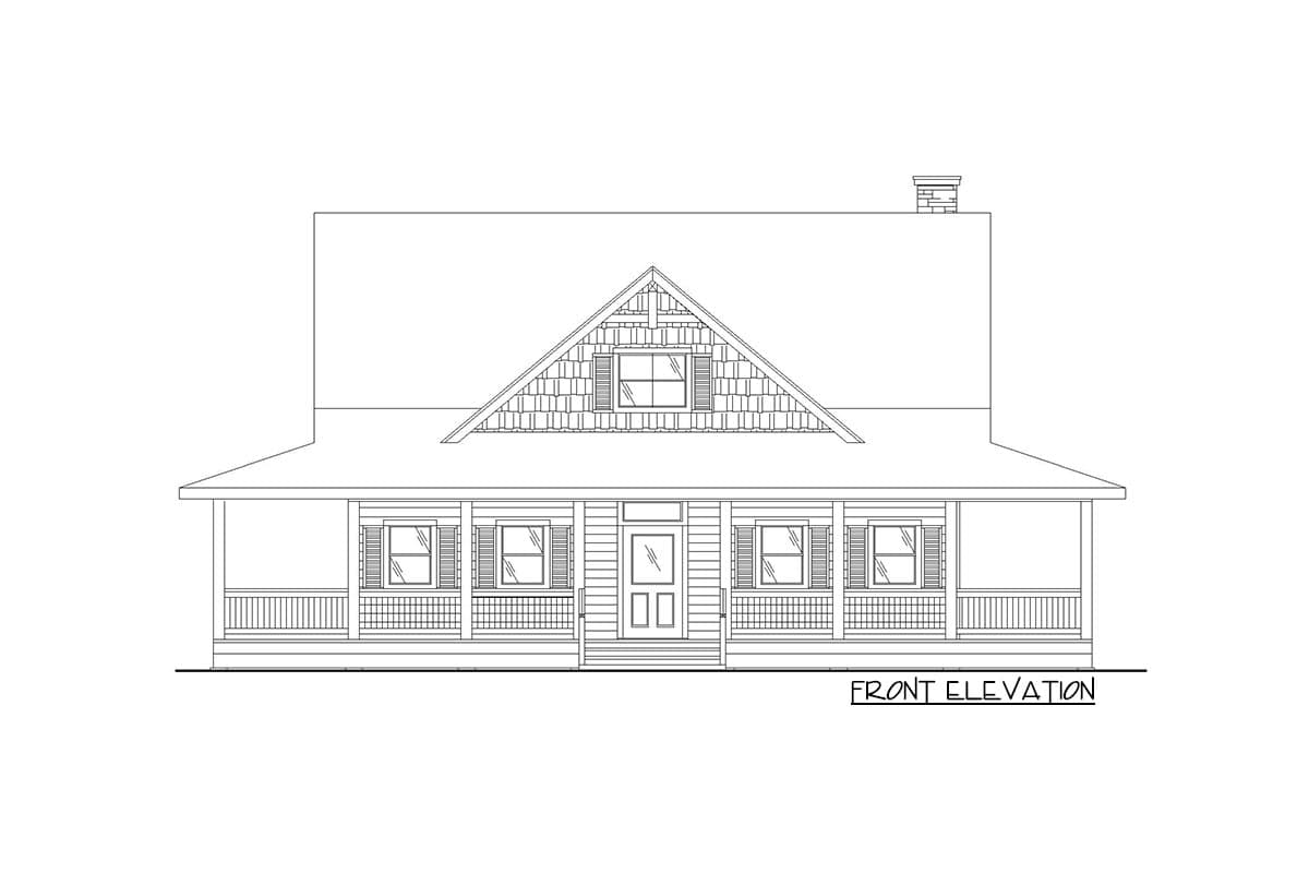 Front elevation house plan with full-width porch, gabled dormer, and stone chimney.