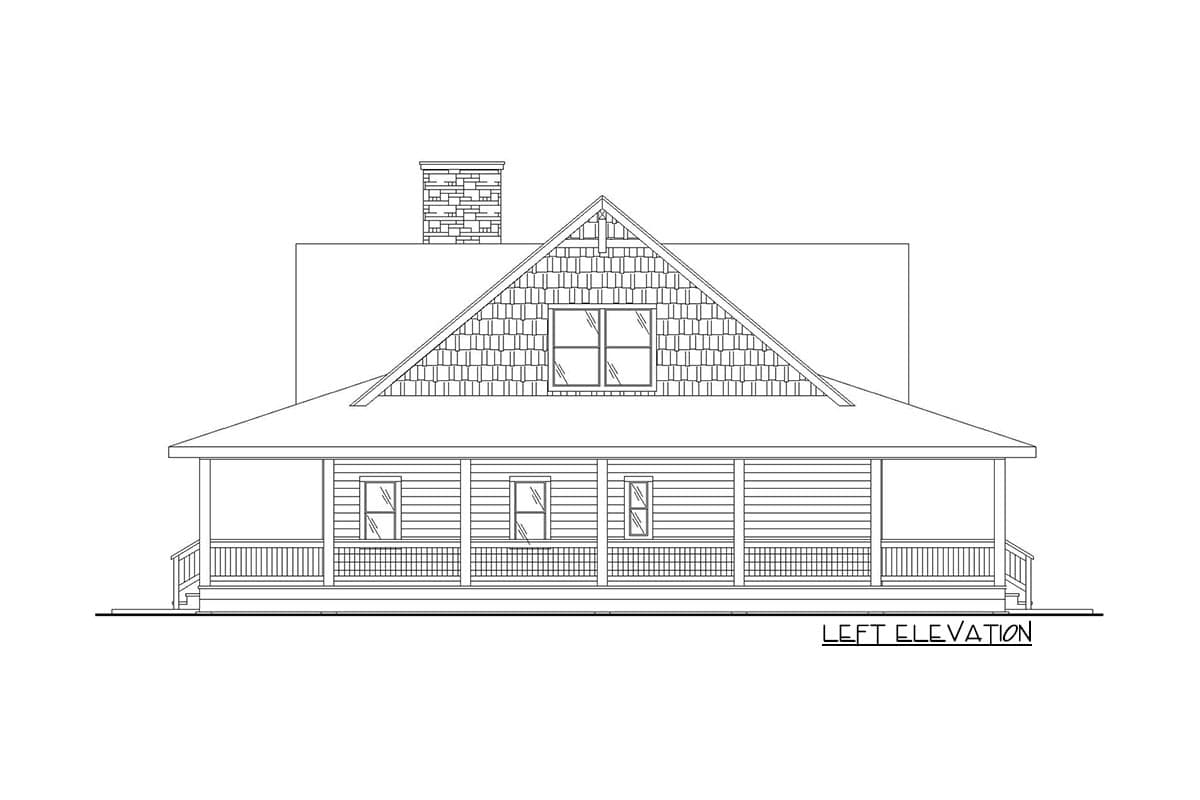 Left elevation drawing of a house plan featuring a full-width porch, dormer window, and prominent gable with shingle siding.