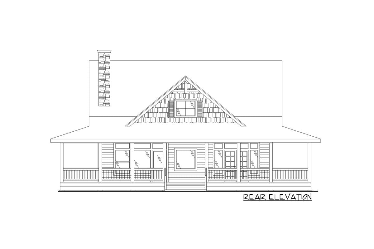 Rear elevation drawing of a house plan featuring a prominent gable, a wraparound porch with railings, and a stone chimney.