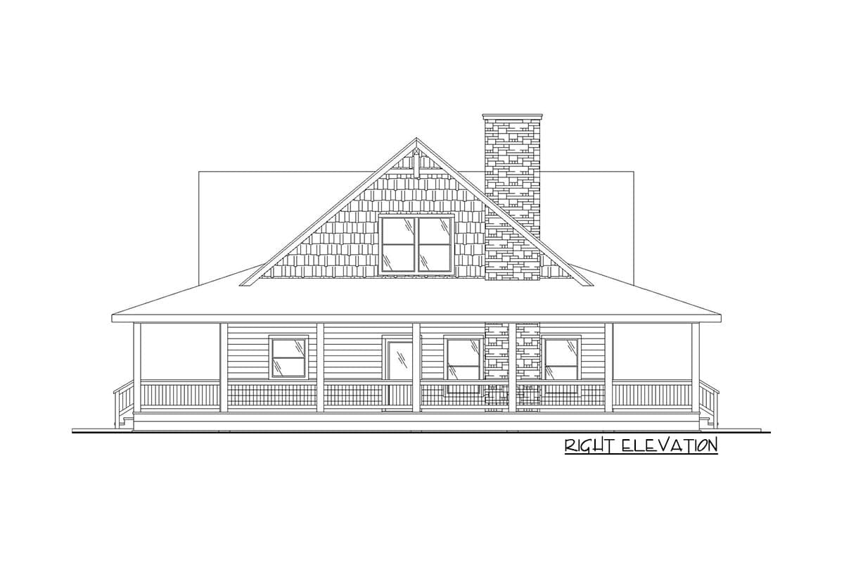 House plan right elevation showing a wrap-around porch, gabled roof with dormer windows, and stone chimney.
