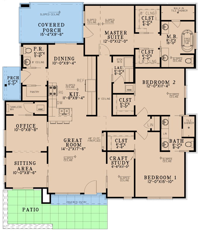 Plan 70822MK: Modern One-Story 3-Bed House Plan Under 2,000 Square Feet with Home Office - Floor Plan - Main Level - Contemporary, Mid Century Modern, Modern, Northwest, Ranch