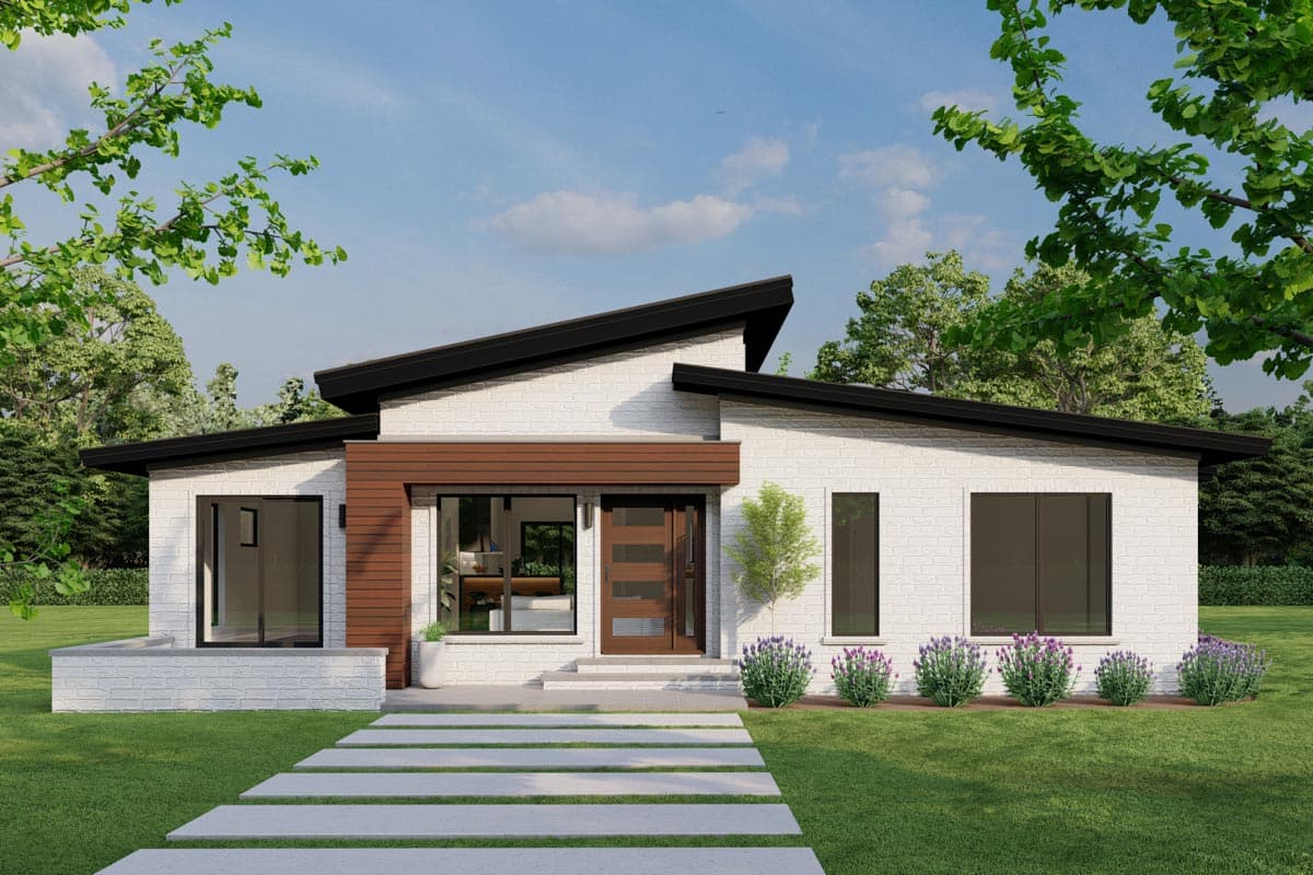 House plan exterior. Modern style, single story. Features include an asymmetrical roofline, brick facade, and a wood-toned entry.