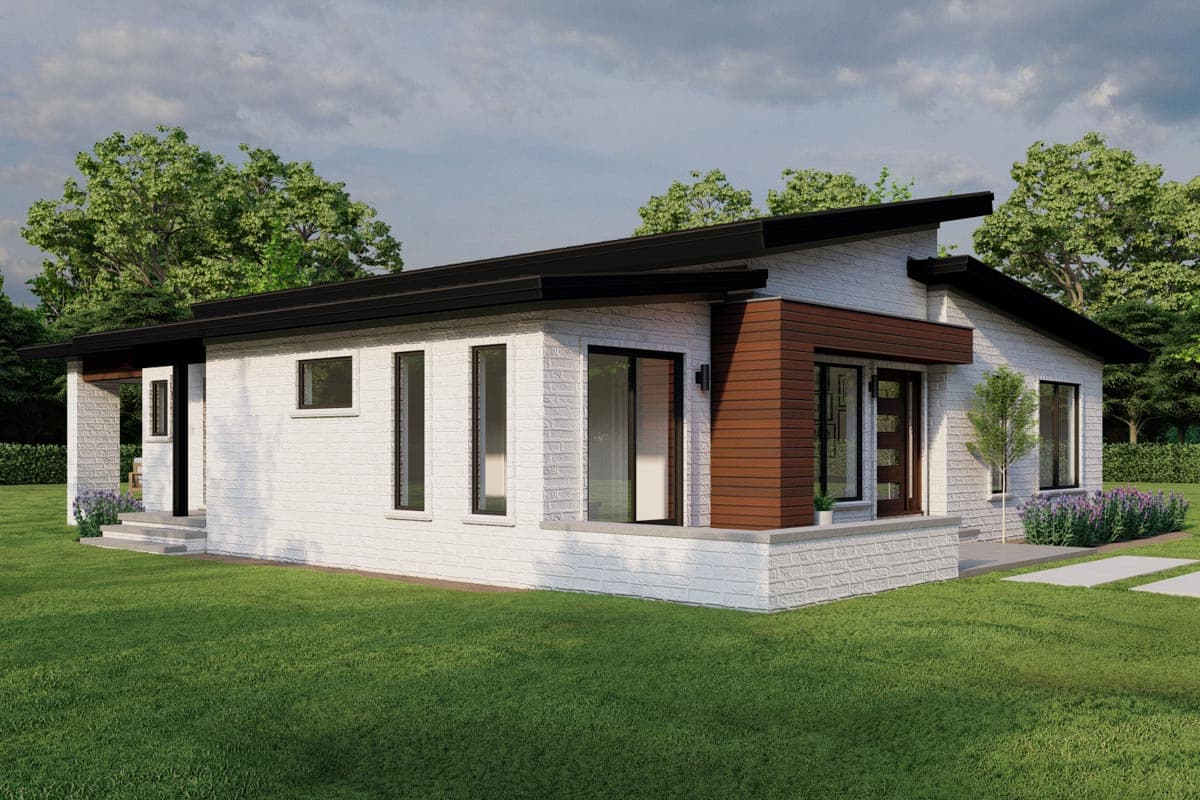 Modern house plan exterior with white brick, angled black roof, and wood accent.