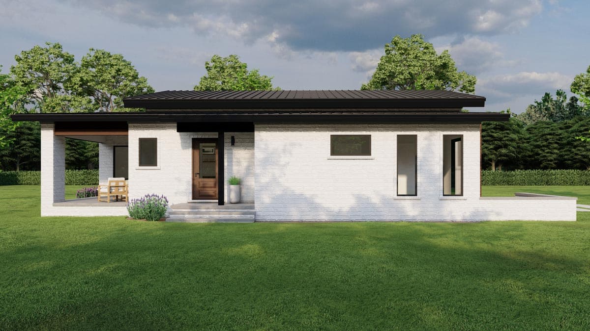 Modern ranch house plan exterior with white brick, flat roof, covered porch, and wood-paneled front door.