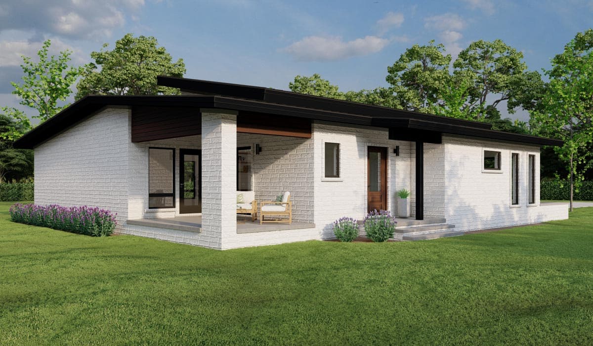 Modern house plan exterior with white brick, a low-pitched roof, covered porch, and large windows.