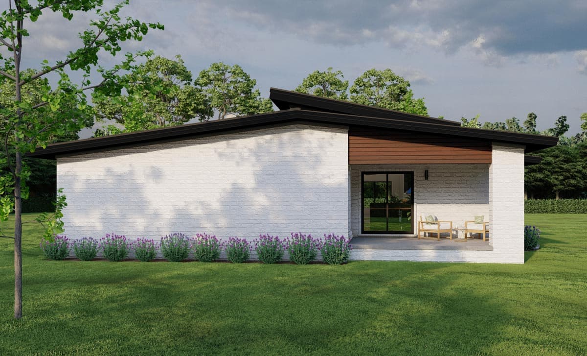 Modern single-story house plan exterior with white brick, intersecting rooflines, wood accent siding, and covered porch.
