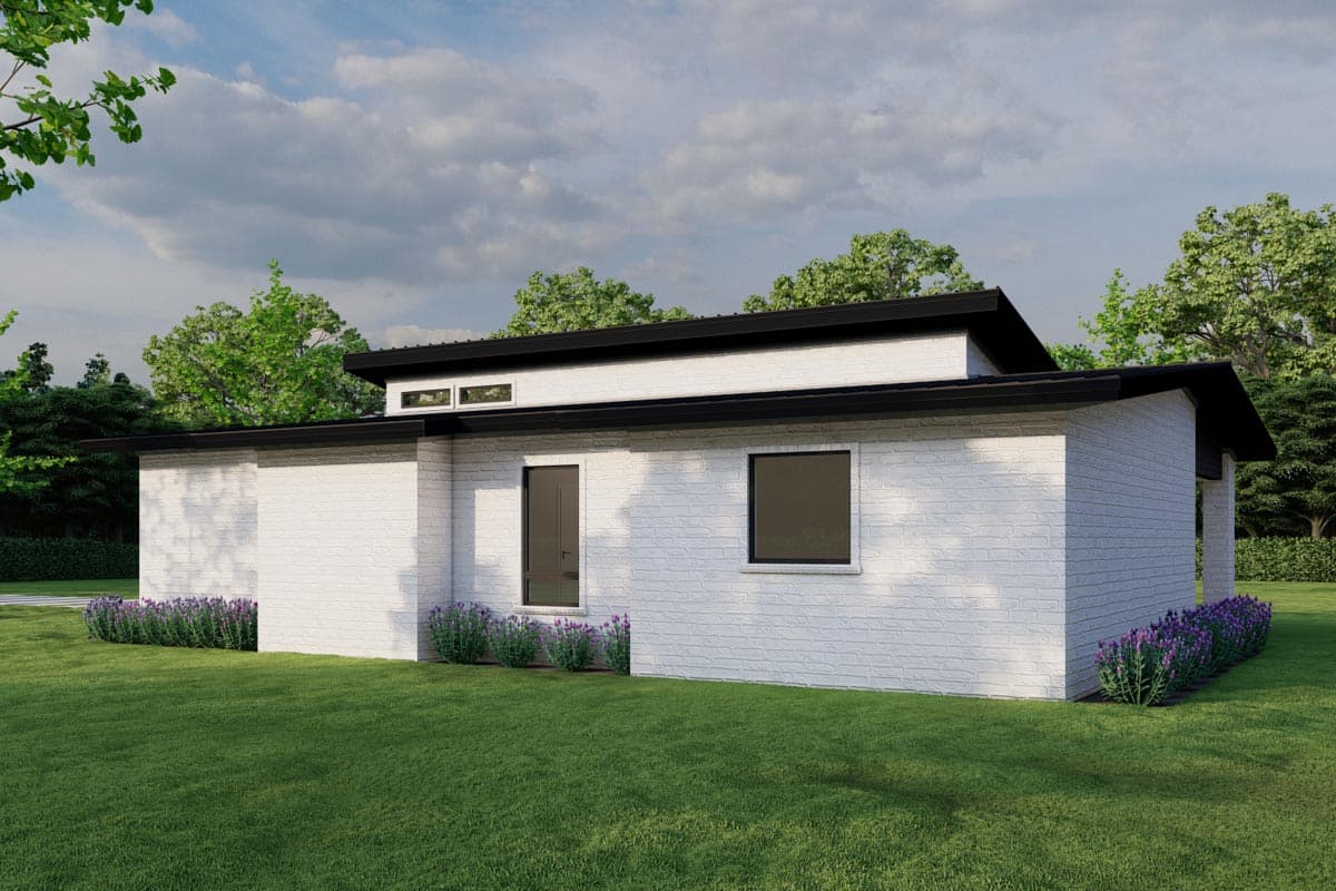 Modern house plan exterior with white brick, flat roof, clerestory windows, and large dark-framed windows.