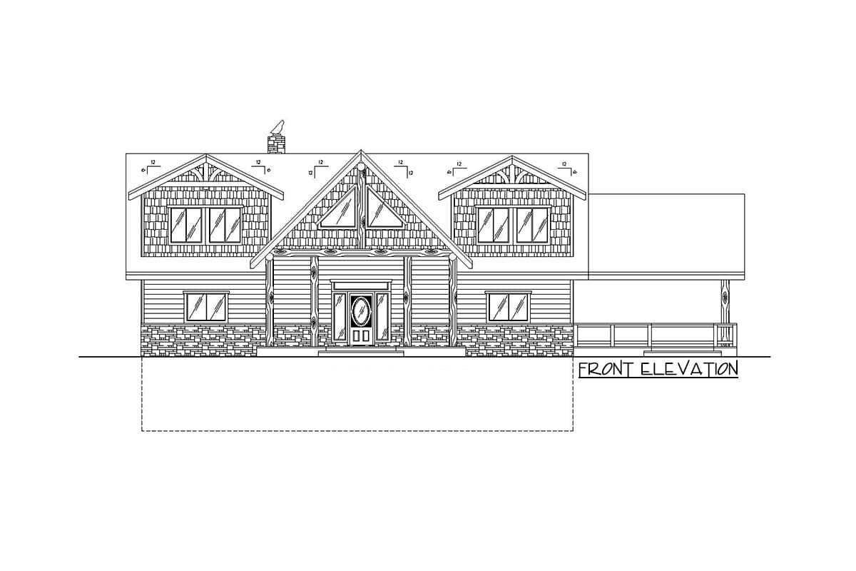 Front elevation drawing of a house plan with multiple gables, a covered porch, and stone and wood siding details.