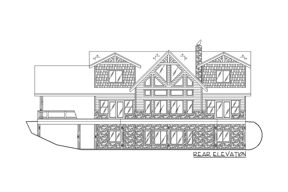 Rear elevation house plan showing multiple gables, dormers, stacked windows, stone base, and covered deck.