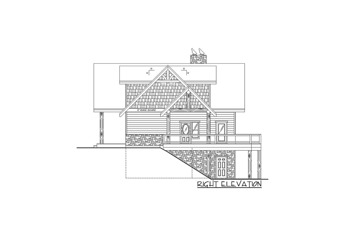Right elevation of a house plan showing a covered porch, gables, stone foundation, and wood siding.