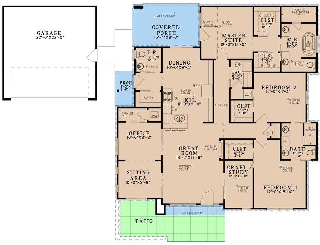 Plan 70823MK: 3-Bed Modern House Plan Under 2000 Square Feet with Detached Garage  - Floor Plan - Main Level - Contemporary, Mid Century Modern, Modern, Northwest, Ranch