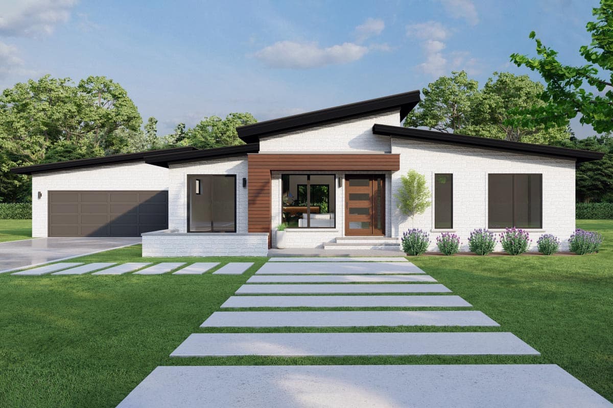 House plan exterior with modern design. Single-story with a low-slope roof, brick facade, attached garage, and wood-paneled entry.