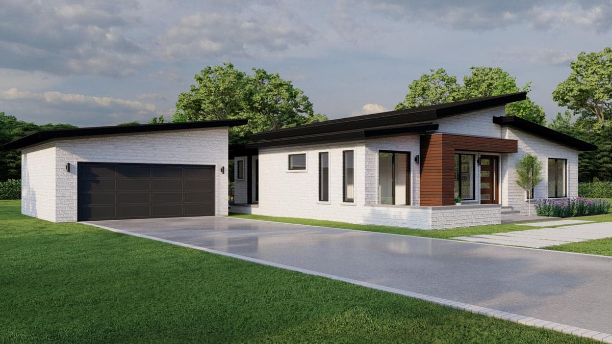 Modern house plan exterior with white brick facade, asymmetrical gables, and attached two-car garage.