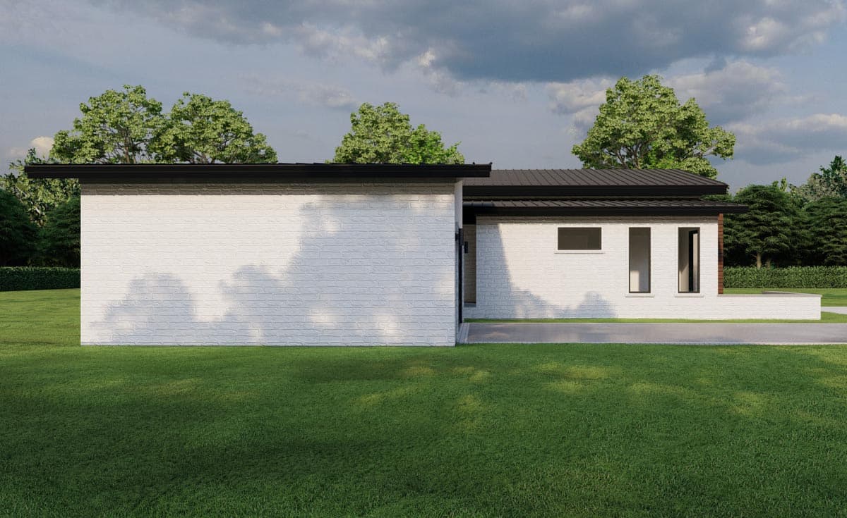Modern house plan exterior with white brick, flat roof, and dark metal roofing. Features horizontal window and two vertical windows.