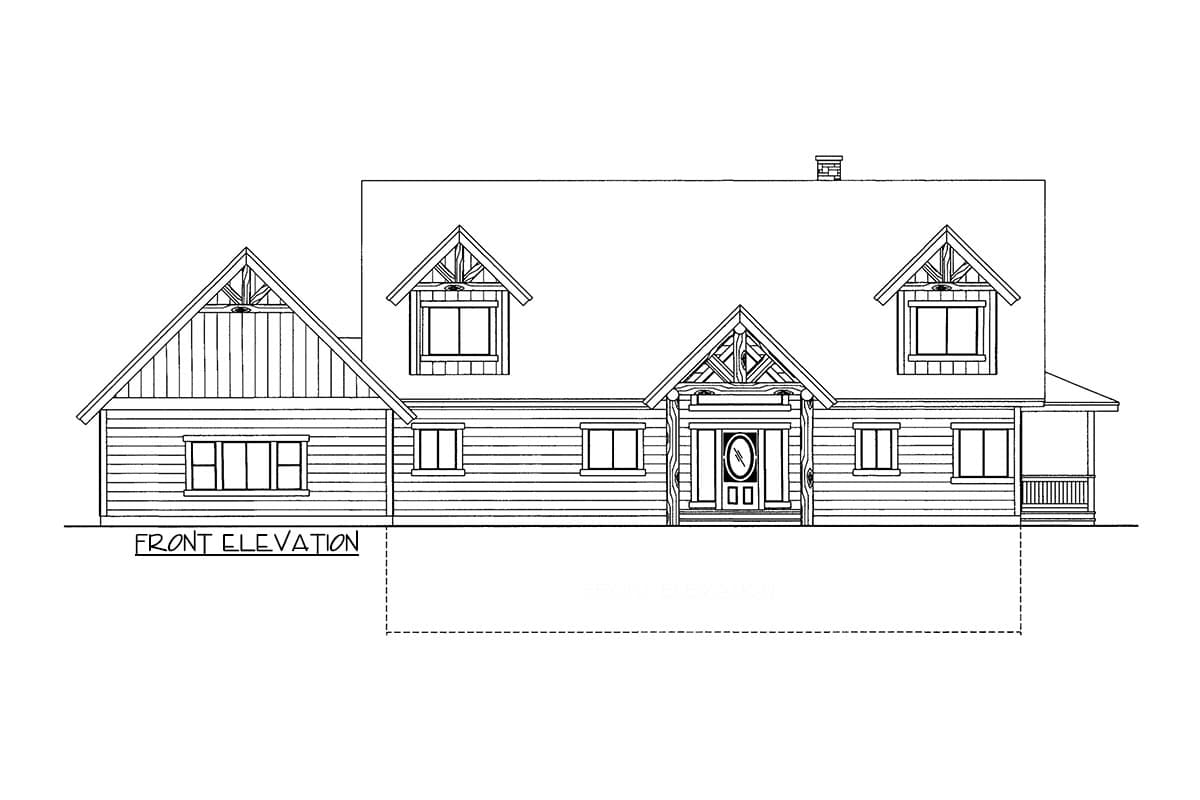Front elevation drawing of a house plan featuring gables, dormers, a covered porch, and an exposed rafter entryway.