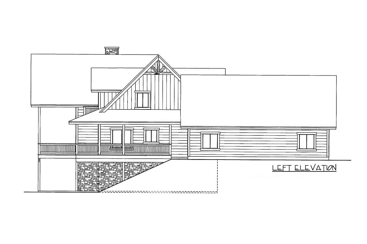 Left elevation house plan with wrap-around porch, gables, dormer, and stone foundation.