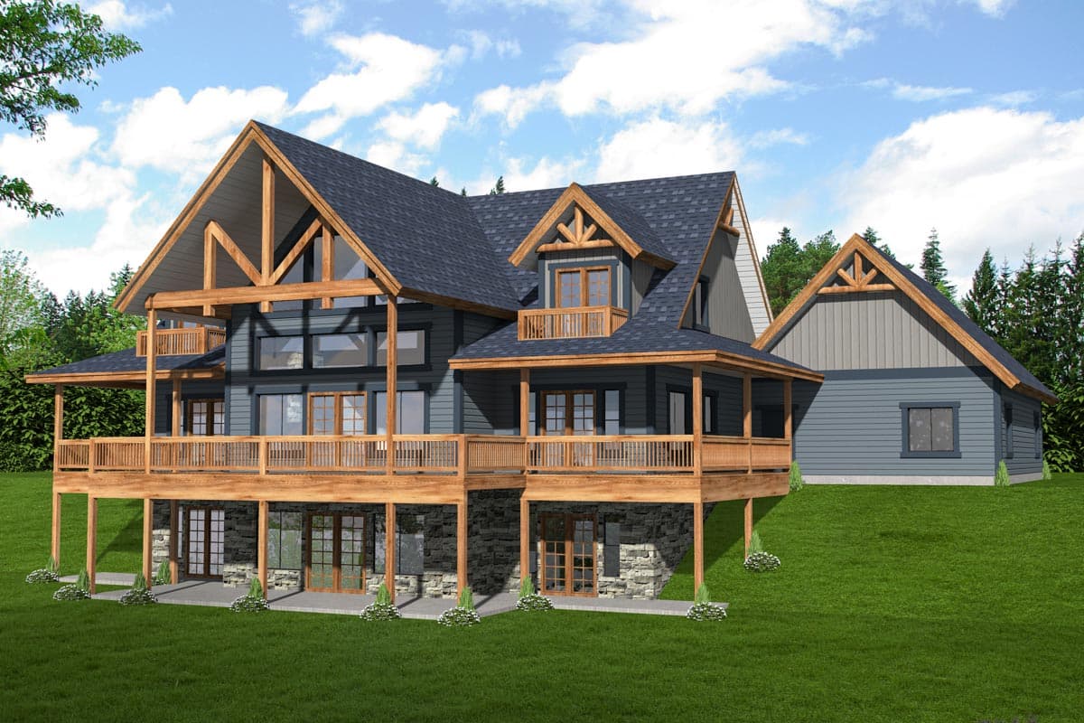 House plan exterior. Two-story lodge-style home with exposed timber frame gables, wrap-around porch, and dormer. Stone foundation with walkout access.