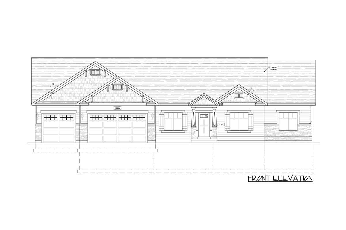 Front elevation house plan for a single-story home with a three-car garage, prominent gables, and stone accents.
