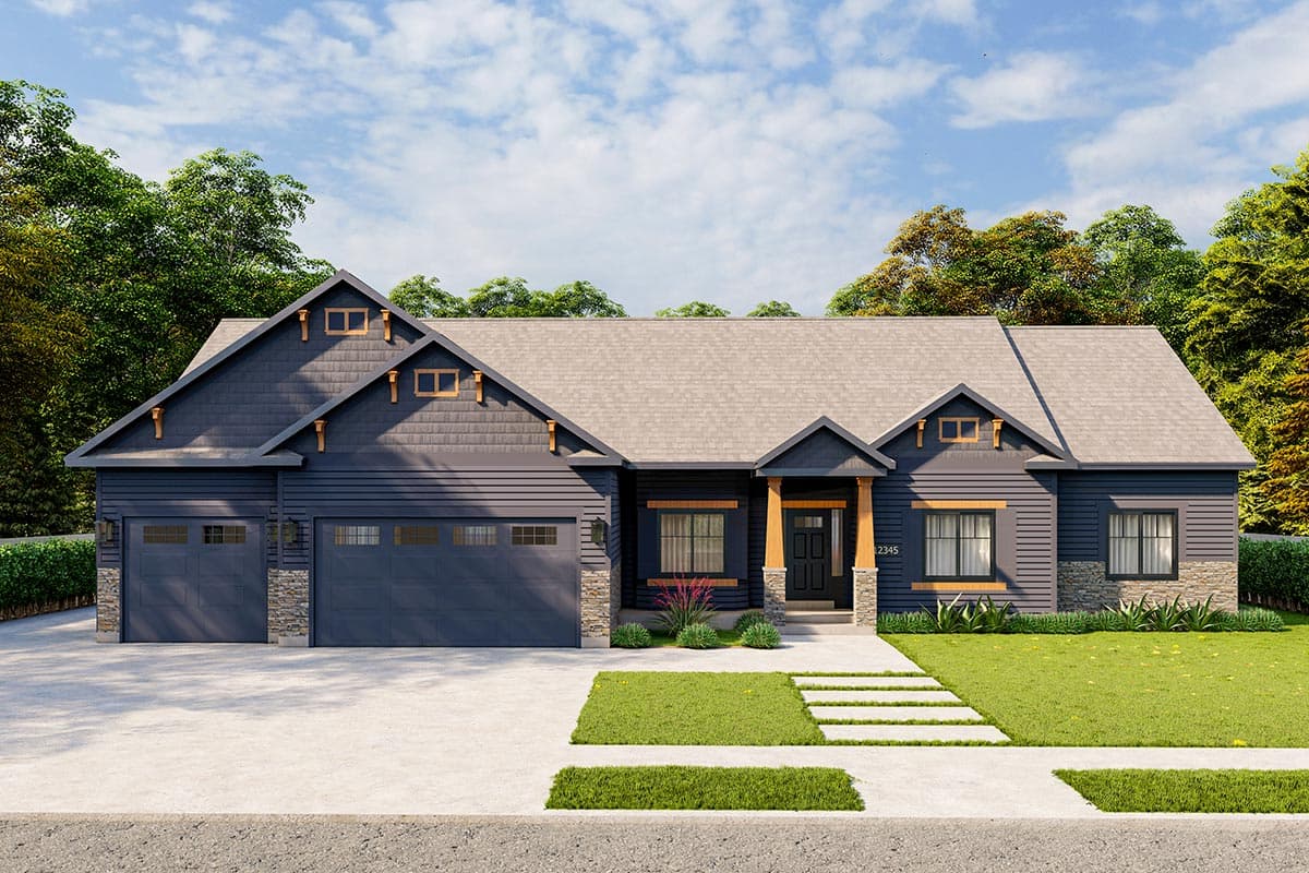House plan exterior. Craftsman style, single-story home with gabled roof, two-car garage, and front porch with timber-framed supports.