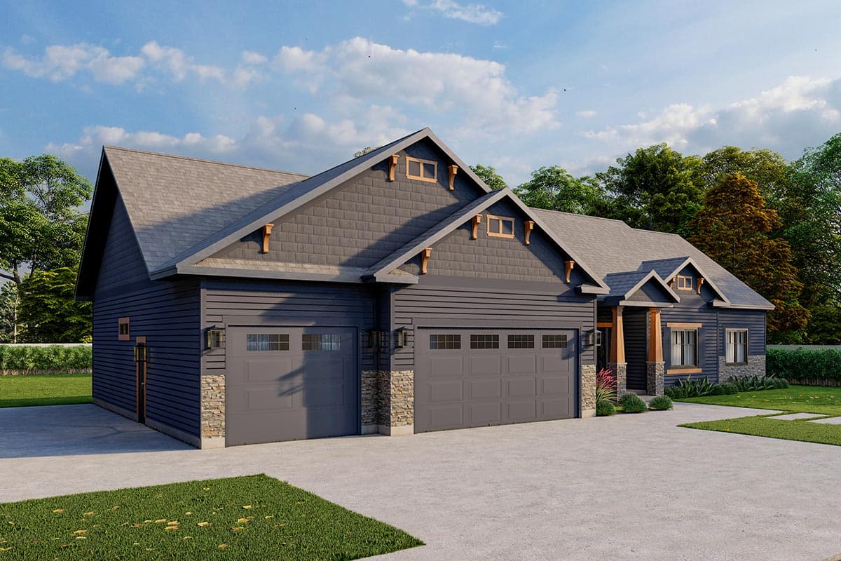 Modern Farmhouse style house plan exterior with a three-car garage, prominent gables, stone accents, and exposed rafter tails.