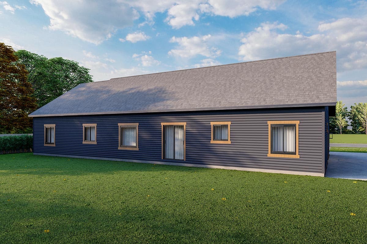 House plan exterior, single story, dark siding, gable roof, multiple windows, and sliding glass doors.
