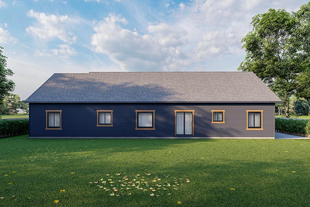 House plan exterior: One-story home with a hipped roof, dark siding, multiple windows, and a glass sliding door.