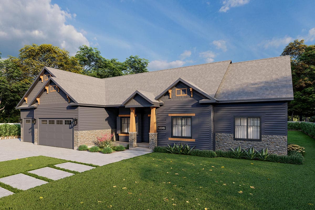 House plan exterior: Ranch style with a wide covered entry, stacked stone accents, and a three-car garage.