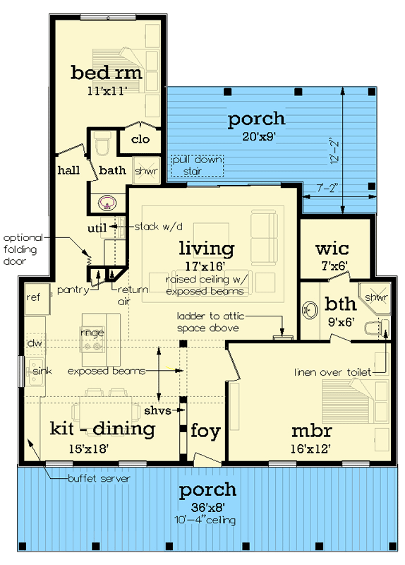 Plan 55224BR: 2-Bed Cottage Under 1100 Square Feet with 2-Story Living Room - Floor Plan - Main Level - Cottage, Country, Southern, Traditional