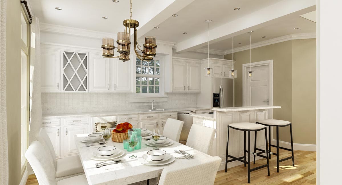 Rendering of a dining area and kitchen with white cabinetry, marble countertops, island with bar stools, and dining table set for four.