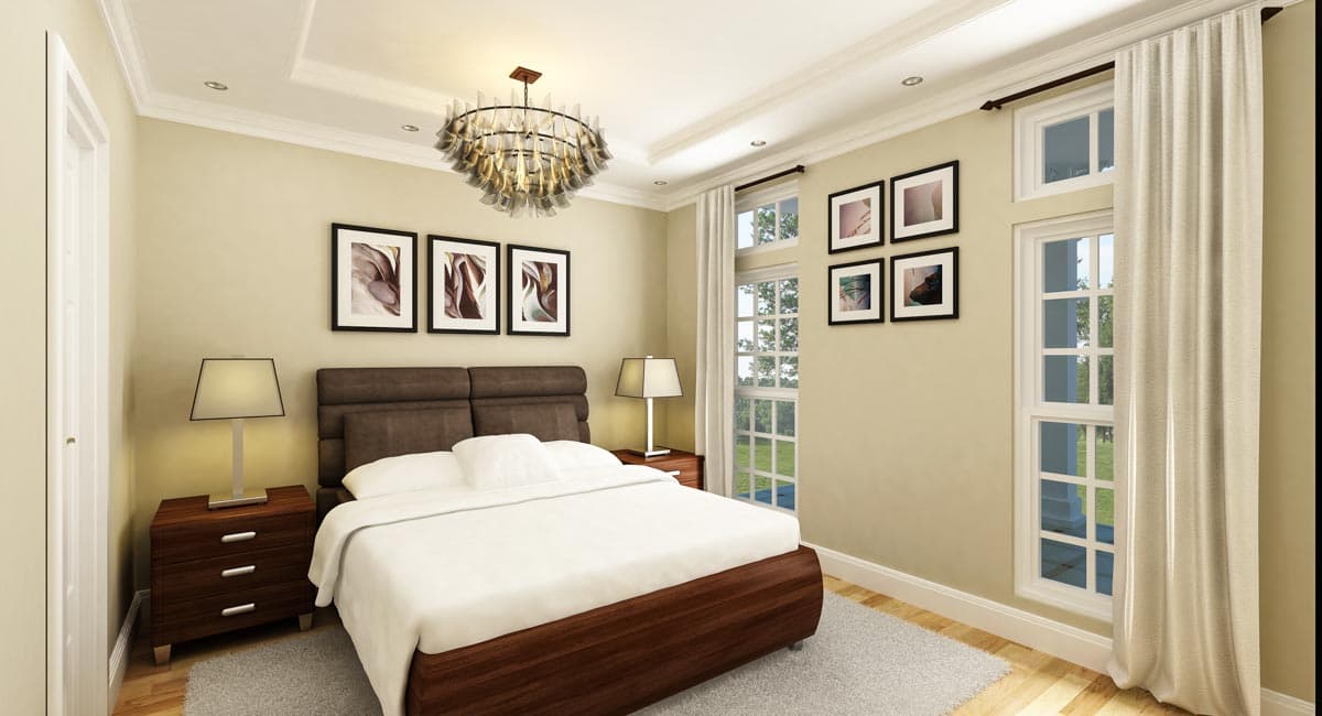 Interior rendering of a bedroom with a king-size bed, nightstands, large windows, and a decorative chandelier.
