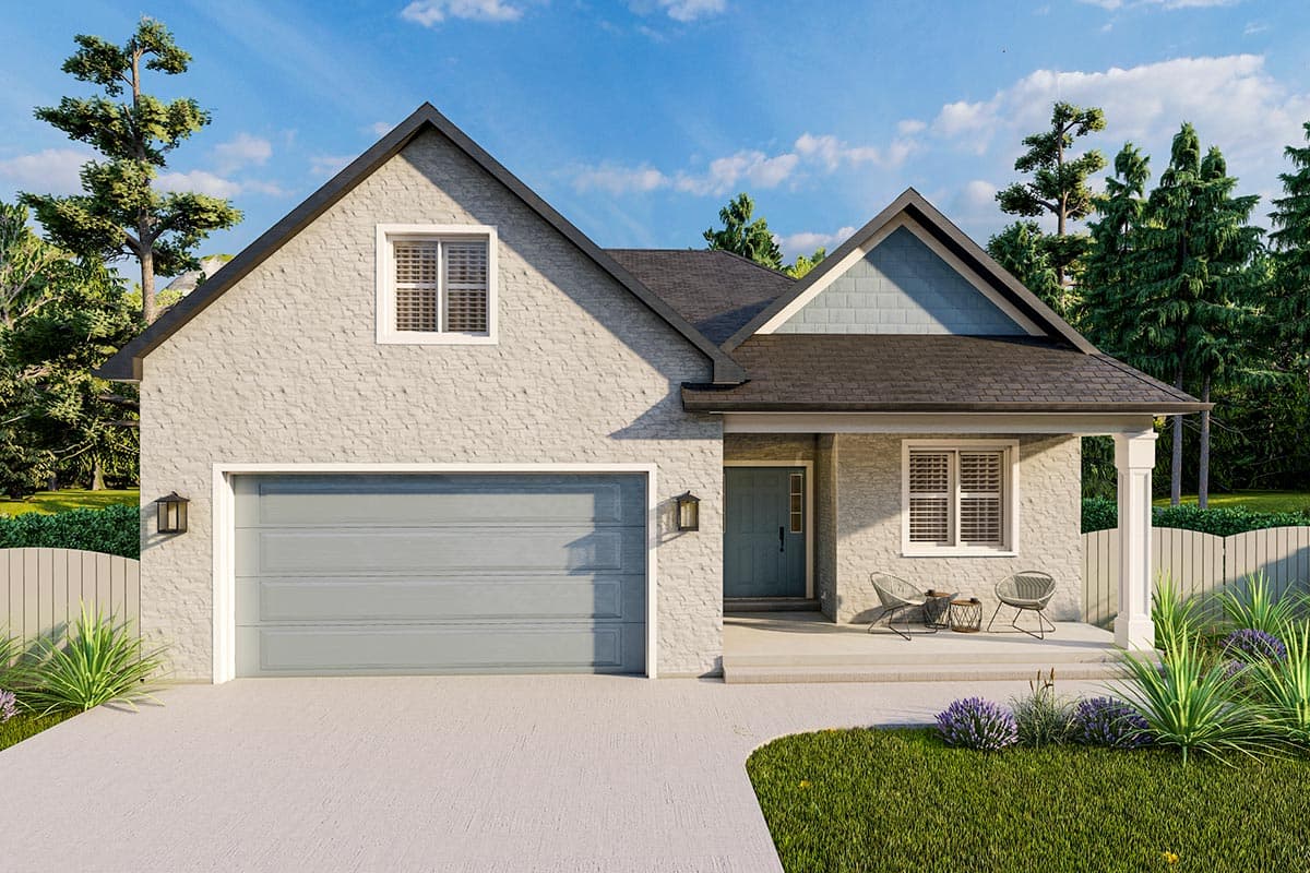 House plan exterior with stone facade, gabled roof, attached garage, and covered entry porch.