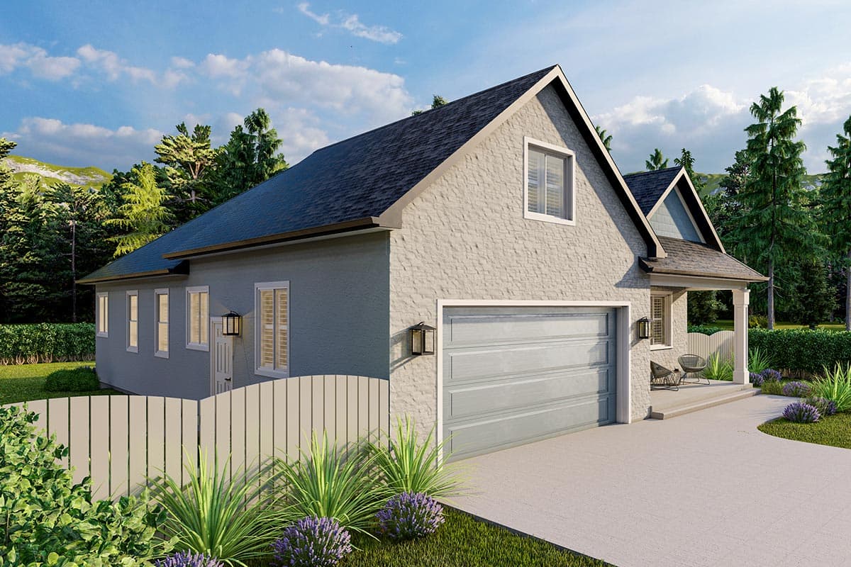 House plan exterior: One-story Modern Farmhouse with stucco finish, attached garage, gable dormer, and covered front porch.
