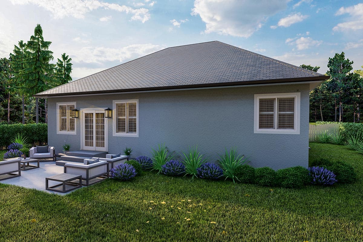 House plan exterior: single-story building with French doors, double-hung windows, and a hip roof.