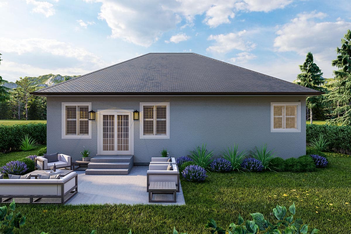 House plan exterior view of a one-story home with double doors, three windows, and a pitched asphalt shingle roof.