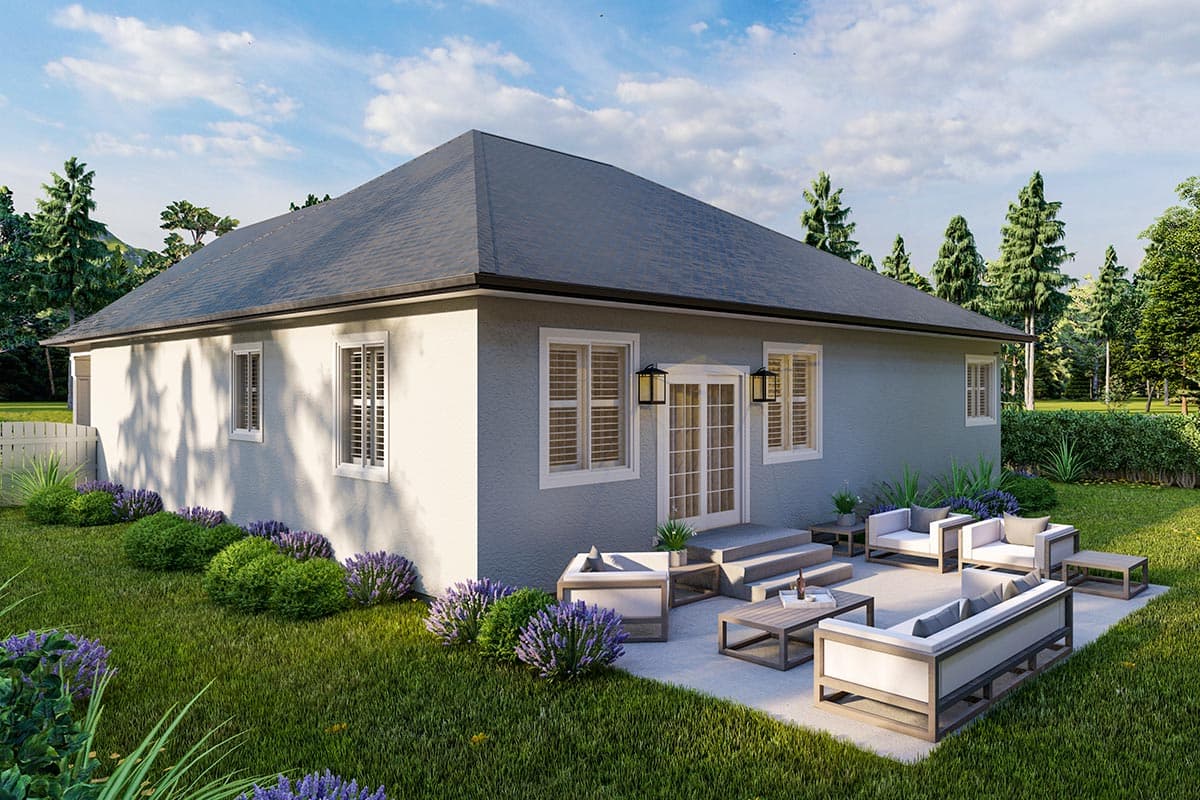 House plan exterior, single-story stucco home with hipped roof, double doors, and patio.