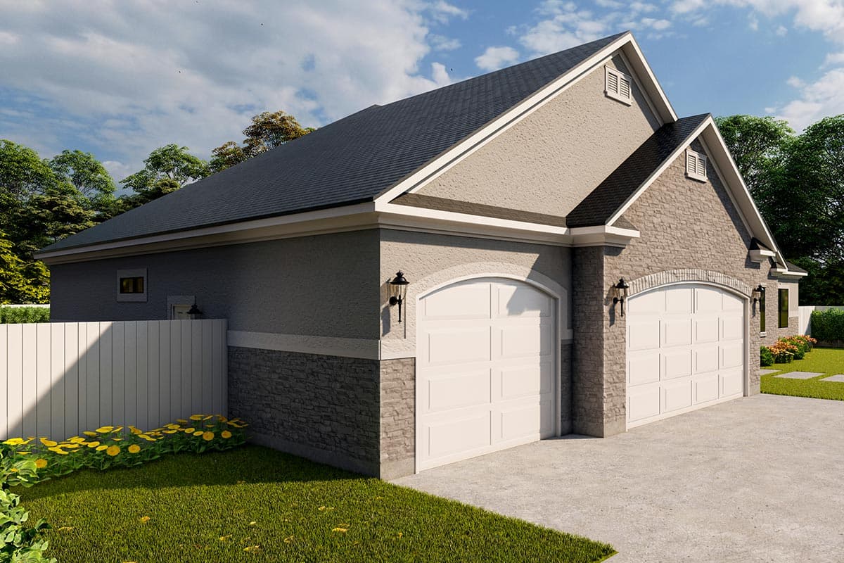 House plan exterior with a two-car garage featuring arched doors, stone and stucco siding, and gabled dormers.