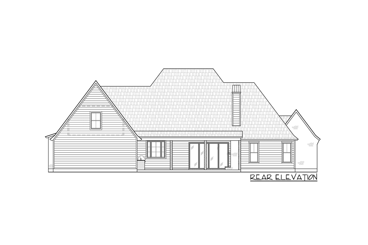 Rear elevation house plan with gabled dormer, horizontal siding, large windows, and french doors.