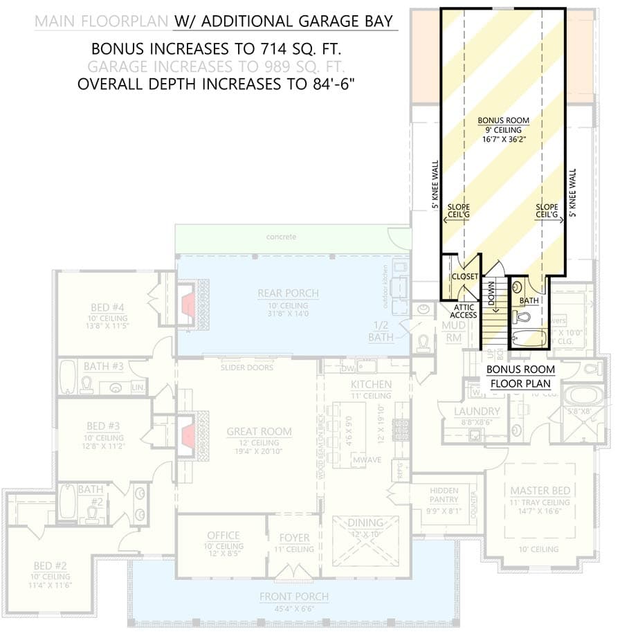 Plan 56527SM: Well-Balanced Acadian Farmhouse-Style 4-Bed House Plan Under 2800 Square Feet - Floor Plan - Bonus Above 3-Car Garage Option (+$ Paid Upgrade) - Acadian, French Country, Louisiana-Style, Southern