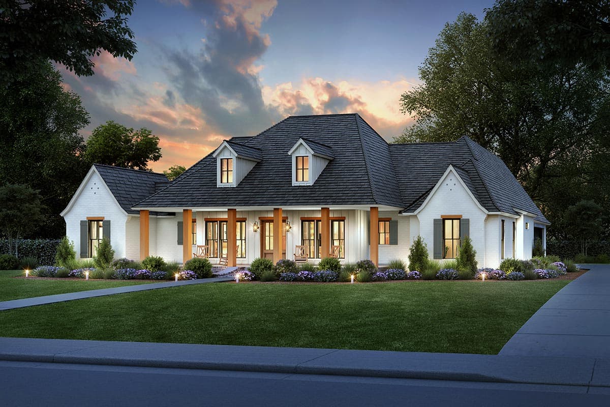 House plan exterior: One-story Modern Farmhouse with a wide covered porch, twin dormers, and a prominent gable.