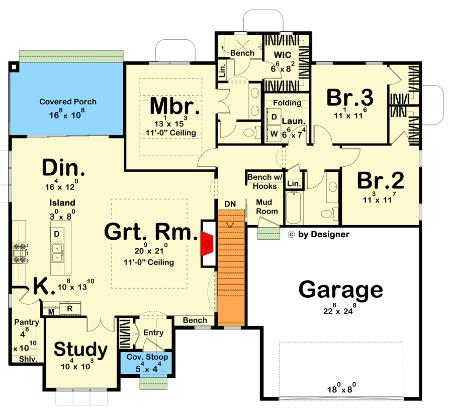 Plan 623154DJ: 3-Bed Transitional Home Plan with Stone-and-Stucco Exterior Under 2000 Square Feet - Floor Plan - Main Level - Cottage, European, French Country, Ranch, Traditional